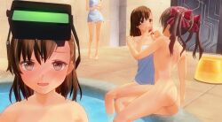 Rule 34 | 10s, 2017, 3d, 4girls, ass, bare back, bare legs, bare shoulders, barefoot, blush, bow, brown eyes, brown hair, clone, completely nude, eu (tounaeu2517), hair bow, hair ornament, hand on another&#039;s shoulder, head-mounted display, highres, indoors, long hair, looking at another, looking at viewer, matching hair/eyes, misaka imouto, misaka mikoto, multiple girls, naked towel, nose blush, nude, open mouth, pool, red bow, shirai kuroko, short hair, shoulder blades, smile, toaru kagaku no railgun, toaru majutsu no index, toes, towel, twintails