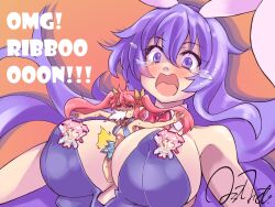 Rule 34 | 2girls, animal ears, between breasts, bow, bowtie, breasts, censored, cleavage, crying, detached collar, erina (rabi-ribi), fairy, gradient background, jiete, large breasts, leotard, multiple girls, open mouth, orange background, person between breasts, pink eyes, pink hair, playboy bunny, purple eyes, purple hair, purple leotard, rabbit ears, rabbit girl, rabi-ribi, red bow, red bowtie, ribbon (rabi-ribi), simple background