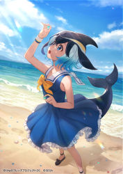 Rule 34 | 1girl, bare shoulders, beach, black hair, blonde hair, blowhole, blue dress, blue eyes, blue hair, blue sky, blush, bow, bowtie, cetacean tail, commentary request, common dolphin (kemono friends), day, dorsal fin, dress, fins, fish tail, footwear bow, frilled dress, frills, kemono friends, multicolored hair, namihaya, official art, pleated dress, sailor collar, sand, shoes, short hair, sky, sleeveless, solo, tail, water, white frills, wristband, yellow bow, yellow bowtie