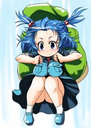 Rule 34 | 1girl, abiko zyozi, bad id, bad pixiv id, bag, blue background, blue eyes, blue hair, breasts, breasts squeezed together, carrying, falling, full body, hair bobbles, hair ornament, hat, kawashiro nitori, large breasts, pocket, shoes, short hair, short twintails, simple background, skirt, sleeves rolled up, smile, sweat, tears, thighs, touhou, twintails, two side up
