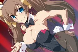 Rule 34 | 10s, 1girl, alternate breast size, animal ears, blue eyes, blush, bow, bowtie, breasts, brown hair, cleavage, earrings, fake animal ears, female focus, gradient background, hand on own hip, huang lingyin, infinite stratos, jaga note, jewelry, large breasts, leotard, long hair, looking at viewer, pantyhose, playboy bunny, rabbit ears, smile, solo, tail, twintails