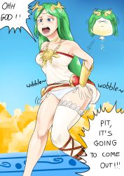 Rule 34 | 1girl, absurdres, biku, blue background, blue eyes, blue sky, blush, breasts, brown footwear, choker, circlet, clothes lift, collarbone, day, dress, dress lift, english text, female focus, green hair, have to pee, highres, jewelry, kid icarus, long hair, medium breasts, necklace, nintendo, open mouth, outdoors, palutena, panties, pee stain, peeing, peeing self, sandals, shiny skin, single thighhigh, sky, solo, speech bubble, standing, sweat, talking, text focus, thighhighs, underwear, urine meter, vambraces, wet, wet clothes, wet panties, white dress, white panties, white thighhighs