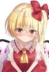 Rule 34 | 1girl, ascot, blush, bow, crystal, flandre scarlet, from above, furannsupaku, hair between eyes, hair bow, highres, light smile, looking at viewer, no headwear, no headwear, one side up, red bow, red eyes, short hair with long locks, simple background, solo, touhou, white background, wings, yellow ascot