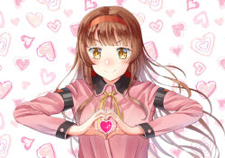 Rule 34 | 1girl, blunt bangs, brown hair, commentary request, green eyes, heart, heart background, heart hands, helena (kancolle), kantai collection, long hair, long sleeves, looking at viewer, mayura (lucadia), neck ribbon, official alternate costume, pink shirt, ribbon, shirt, solo, upper body, white background, yellow ribbon