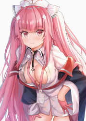 Rule 34 | 1girl, ame sagari, azur lane, black jacket, blush, breasts, cleavage, closed mouth, collared dress, commentary request, cowboy shot, dress, gloves, grey background, half gloves, hat, highres, jacket, lanyard, large breasts, leaning forward, long hair, long sleeves, looking at viewer, medium breasts, nurse, nurse cap, off shoulder, open clothes, open jacket, perseus (azur lane), perseus (unfamiliar duties) (azur lane), pink gloves, pink hair, red eyes, simple background, solo, standing, two side up, very long hair, white dress, white hat