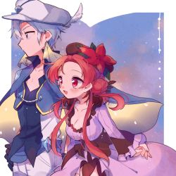 Rule 34 | 1boy, 1girl, :d, aurorus, bad id, bad pixiv id, blue cape, blue hair, blush, breasts, cape, cleavage, creatures (company), dragalge, dress, flower, game freak, gem, gen 6 pokemon, hair flower, hair ornament, hand on own hip, hat, light blue hair, long hair, moro sorano, nintendo, open mouth, pants, personification, pokemon, purple dress, red eyes, red flower, red hair, sidelocks, smile, standing, white hat, white pants