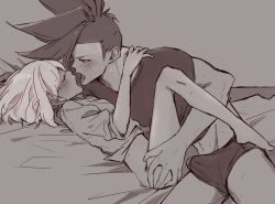 Rule 34 | 2boys, androgynous, asymmetrical hair, aus vaka, blush, bulge, closed eyes, french kiss, galo thymos, highres, kiss, lio fotia, lying, male focus, male underwear, mohawk, monochrome, multiple boys, on back, open mouth, promare, short hair, sidecut, size difference, spiked hair, sweat, tongue, tongue out, undercut, underwear, yaoi