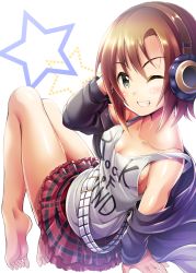 Rule 34 | 10s, 1girl, arm support, barefoot, belt, black jacket, blush, breasts, brown hair, cleavage, collarbone, feet, green eyes, hand on own head, headphones, idolmaster, idolmaster cinderella girls, jacket, knees up, legs, looking at viewer, medium breasts, ment, one eye closed, open clothes, open jacket, plaid, plaid skirt, red skirt, shirt, short hair, sitting, skirt, smile, soles, solo, star (symbol), tada riina, tank top, teeth, thighs, toes, white background, white shirt