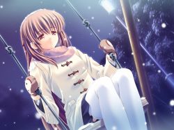 Rule 34 | 1girl, brown hair, coat, dear my friend, dutch angle, game cg, kushiro mai, kusukusu, lamppost, light brown hair, long hair, mittens, night, outdoors, pink eyes, pink scarf, sad, scarf, sitting, snow, snowing, solo, swing, swingset, thighhighs, tree, white thighhighs, winter clothes, winter coat
