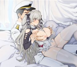 Rule 34 | 1boy, 1girl, artist request, azur lane, bare shoulders, bed sheet, between breasts, black hair, blush, grabbing another&#039;s breast, breasts, breasts out, cleavage, closed mouth, commander (azur lane), commentary request, earrings, epaulettes, formidable (azur lane), grabbing, grabbing from behind, grey hair, hair ribbon, hat, highres, jewelry, korean commentary, large breasts, long hair, long sleeves, military, military hat, military uniform, nipples, no pants, panties, peaked cap, red eyes, ribbon, shiny skin, short hair, sweat, thighhighs, twintails, underwear, uniform, very long hair, white panties, white thighhighs