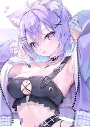 Rule 34 | 1girl, absurdres, ahoge, animal ear fluff, animal ears, armpits, arms up, bandaid, bandaid on arm, bandaid on stomach, bare shoulders, belt, black belt, black choker, black nails, black tank top, breasts, cat ears, cat girl, choker, cleavage, commentary request, crop top, cross, cross-laced clothes, cross-laced top, cross necklace, hair between eyes, hair ornament, hairclip, heart, highres, hololive, jacket, jewelry, medium breasts, midriff, nail polish, navel, necklace, nekomata okayu, open clothes, open jacket, piyokuma, purple eyes, purple hair, purple jacket, short hair, tank top, tongue, tongue out, upper body, virtual youtuber, x hair ornament