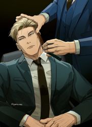 Rule 34 | 2boys, blonde hair, blue suit, brown necktie, collar, collared shirt, formal, hand on another&#039;s head, high collar, highres, jujutsu kaisen, long sleeves, looking to the side, multiple boys, nanami kento, necktie, razor, shirt, short hair, sitting, standing, suit, waistcoat, white shirt, yuana
