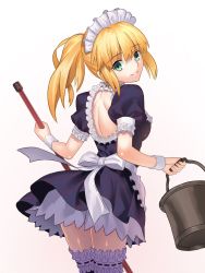 Rule 34 | 1girl, alternate costume, apron, artoria pendragon (all), artoria pendragon (fate), back bow, backless dress, backless outfit, black dress, blonde hair, bow, bridal garter, broom, cowboy shot, dress, enmaided, fate/stay night, fate (series), floating hair, from behind, green eyes, hair between eyes, head tilt, highres, holding, holding broom, long hair, looking at viewer, looking back, maid, maid headdress, ponytail, saber (fate), shiny skin, short dress, short sleeves, sidelocks, simple background, smile, solo, thigh strap, thighhighs, white apron, white background, white bow, wrist cuffs