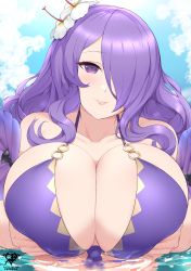 Rule 34 | 1girl, absurdres, bikini, breast hold, breasts, camilla (fire emblem), camilla (summer) (fire emblem), cleavage, fire emblem, fire emblem fates, fire emblem heroes, flower, hair flower, hair ornament, hair over one eye, hibiscus, highres, huge breasts, kaos art, long hair, looking at viewer, nintendo, ocean, official alternate costume, partially submerged, purple bikini, purple eyes, purple hair, smile, solo, swimsuit, upper body, water