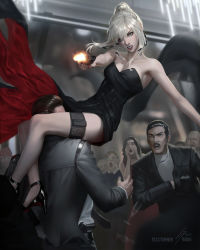 Rule 34 | bare shoulders, black dress, black footwear, black hair, blonde hair, blue eyes, blurry, blurry background, breasts, brown hair, champagne flute, cleavage, clenched teeth, cup, dress, drinking glass, earrings, facing viewer, firing, gun, hand in jacket, handgun, high heels, highres, holding, holding gun, holding weapon, holster, indoors, jacket, jewelry, leg lock, lips, lipstick, magikarp guy, makeup, medium breasts, meme, motion blur, multiple boys, multiple girls, muzzle flash, nail polish, necklace, necktie, open mouth, original, raikoart, red dress, red lips, red nails, revision, scissorhold, side slit, signature, strangling, strapless, strapless dress, suit jacket, surprised, teeth, tess turner, thigh holster, watermark, weapon, wide-eyed