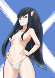 Rule 34 | 10s, 1girl, black eyes, black hair, breasts, cameltoe, censored, convenient censoring, frown, hair ornament, hands on own hips, kill la kill, kiryuuin satsuki, long hair, navel, panties, panties only, solo, topless, underwear, underwear only, wo jianqiang fu guo, xavi3317