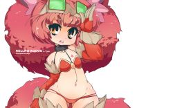 Rule 34 | 1girl, animal ear fluff, animal ears, big hair, cat ears, character name, chest tattoo, cowboy shot, flat chest, gloves, goggles, goggles on head, highres, navel, nellko agogo, original, red hair, slugbox, solo, star (symbol), star tattoo, tail, tattoo, teeth, thighhighs, upper teeth only, wallpaper, wide hips, yellow eyes