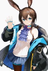 Rule 34 | 1girl, absurdres, amiya (arknights), animal ears, arknights, ascot, black jacket, black pantyhose, blue ascot, blue eyes, blue skirt, breasts, brown hair, cowboy shot, grey background, hair between eyes, hand up, highres, jacket, jewelry, long hair, long sleeves, looking at viewer, miniskirt, multiple rings, neck ring, off shoulder, onkyi, open clothes, open jacket, pantyhose, plaid, plaid skirt, pleated skirt, ponytail, rabbit ears, ring, shirt, sidelocks, simple background, skirt, sleeveless, sleeveless shirt, small breasts, smile, solo, thighlet, thumb ring, waving, white shirt