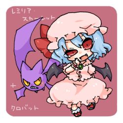Rule 34 | 1girl, bad id, bad pixiv id, blue hair, character name, chibi, creatures (company), crobat, crossover, game freak, gen 2 pokemon, hat, looking at viewer, lowres, mob cap, nintendo, open mouth, pokemon, pokemon (creature), red eyes, remilia scarlet, simple background, smile, takamura, touhou, uneven eyes, wings