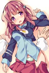 Rule 34 | 10s, 1girl, blush, brown hair, clothes lift, girlish number, green panties, hair ribbon, karasuma chitose (girlish number), looking away, lying, miniskirt, on back, open clothes, open mouth, open skirt, panties, pleated skirt, purple eyes, ribbon, shirt lift, skirt, solo focus, sweatdrop, unacchi (nyusankin), underwear, wavy mouth