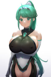 Rule 34 | 1girl, absurdres, blush, breasts, covered erect nipples, covered navel, elbow gloves, gloves, green hair, highres, huge breasts, large breasts, long hair, nayutayutautau, nintendo, nipples, pneuma (xenoblade), ponytail, solo, spoilers, thighs, very long hair, xenoblade chronicles (series), xenoblade chronicles 2