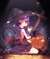 Rule 34 | 1girl, bad id, bad pixiv id, bandages, black sclera, blood, blvefo9, bow, braid, candy, colored sclera, crescent moon, cross, demon wings, dress, fangs, food, gloves, glowing, glowing eyes, hair bow, halloween, hat, highres, jack-o&#039;-lantern, lollipop, moon, original, purple hair, red eyes, seiza, single glove, sitting, solo, stitches, wings, witch hat