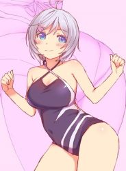 Rule 34 | .live, 1girl, antenna hair, blue eyes, blush, breasts, casual one-piece swimsuit, cat hair ornament, clenched hands, covered navel, criss-cross halter, duke (inu daimyou), grey hair, hair ornament, hairclip, halterneck, hands up, medium breasts, one-piece swimsuit, pink background, short hair, dennou shoujo siro, smile, solo, swimsuit, virtual youtuber