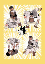 Rule 34 | &gt; &lt;, 2boys, absurdres, armor, armored boots, arms up, belt, black gloves, black hair, black shirt, blonde hair, boots, brown footwear, carrying over shoulder, chainmail, chibi, chibi inset, curly hair, dark-skinned male, dark skin, dungeon meshi, emphasis lines, expressionless, facing up, faulds, fighting, furry, furry male, gauntlets, gloves, greaves, hands on another&#039;s arms, highres, jitome, kabru, kneeling, kobold, kuro (dungeon meshi), laios touden, layered sleeves, leather armor, leg lock, legs up, long sleeves, looking at another, looking at viewer, looking down, looking up, lying, male focus, mochimochimochi, multiple boys, on back, open mouth, outstretched arms, pants, pauldrons, plate armor, restrained, sanpaku, screaming, shirt, shoe soles, short hair, short over long sleeves, short sleeves, shoulder armor, squatting, standing, sweatdrop, translation request, vambraces, white pants, yellow background