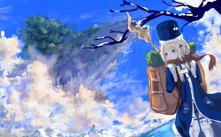 Rule 34 | 1girl, animal, backpack, bag, blonde hair, blue coat, blue dress, blue eyes, blue headwear, blue sky, brown bag, c4 art, cloud, coat, commentary, cowboy shot, dress, forest, fur-trimmed headwear, fur trim, gloves, green gloves, highres, holding, holding staff, lake, long hair, looking back, mountain, nature, original, oversized animal, scenery, sky, solo, staff, thighhighs, water, whale, white thighhighs