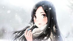 Rule 34 | 1girl, absurdres, asymmetrical bangs, black hair, blush, brown eyes, close-up, hashimoto kanna, highres, kazuharu kina, long hair, looking at viewer, parted bangs, photo-referenced, portrait, real life, scarf, signature, simple background, snowing, solo, tagme, upper body