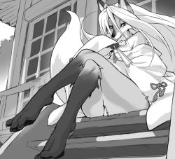 Rule 34 | 1girl, animal ears, bare legs, body fur, fox ears, fox tail, furry, furry female, greyscale, hand fan, holding, jewelry, kikurage (crayon arts), crossed legs, long hair, long sleeves, looking at viewer, monochrome, necklace, original, sitting, snout, solo, stairs, tail