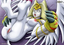 Rule 34 | 1girl, armor, blush, bottomless, breasts, cat, digimon, egyptian, furry, furry female, gloves, headpiece, highres, jewelry, lying, mask, monster, monster girl, nefertimon, nipples, on back, open mouth, palcomix, pussy, shoulder pads, solo, sphinx, tail, uncensored, wings