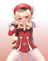 Rule 34 | 1girl, absurdres, ahoge, beret, blonde hair, child, commentary request, covered navel, dress, genshin impact, gradient background, hat, highres, klee (genshin impact), kneeling, long sleeves, looking at viewer, nail polish, open mouth, pantyhose, pointy ears, red dress, red eyes, red nails, simple background, smile, solo, thighhighs, twintails, white pantyhose, zhongwu chahui