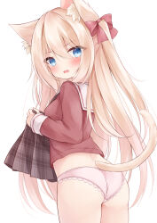 Rule 34 | 1girl, animal ear fluff, animal ears, ass, blonde hair, blue eyes, blush, bow, brown skirt, cat ears, cat girl, cat tail, commentary request, cowboy shot, cropped shirt, fang, from behind, hair between eyes, hair bow, highres, long hair, long sleeves, looking back, mochizuki riku, original, panties, parted lips, pink panties, plaid, plaid skirt, pleated skirt, red bow, red shirt, sailor collar, shirt, skirt, unworn skirt, solo, tail, underwear, very long hair, wedgie, white sailor collar