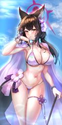 Rule 34 | 1girl, :&lt;, animal ear fluff, animal ears, armpits, bad id, bad pixiv id, bead bracelet, beads, bikini, black hair, blue archive, bracelet, breasts, cape, cleavage, collarbone, covered erect nipples, dano, flower, fox ears, fox girl, fox tail, gluteal fold, hair flower, hair ornament, halo, halterneck, highres, jewelry, large breasts, long hair, looking at viewer, low twintails, navel, orange eyes, skindentation, solo, stomach, strap gap, string bikini, swimsuit, tail, thigh gap, thighs, twintails, wakamo (blue archive), wakamo (swimsuit) (blue archive), wet, white bikini, white flower