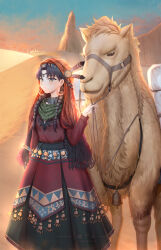 Rule 34 | 1girl, black hair, blue sky, braid, camel, chinese commentary, closed mouth, commentary, commentary request, day, desert, dress, earrings, english commentary, expressionless, feet out of frame, green dress, green sash, gypsy, head scarf, highres, hoop earrings, jewelry, long dress, long hair, looking afar, medium bangs, mixed-language commentary, multicolored clothes, multicolored dress, orange scarf, original, outdoors, qisu, red dress, sash, scarf, sky, solo, standing, tassel, twin braids