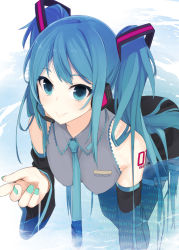 Rule 34 | 1girl, :&gt;, aqua eyes, aqua hair, binary, detached sleeves, hatsune miku, headphones, headset, highres, kusano houki, leaning forward, long hair, md5 mismatch, nail polish, necktie, pleated skirt, pointing, resolution mismatch, skirt, smile, solo, source smaller, thighhighs, twintails, vocaloid, wading, water, wet