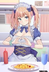 Rule 34 | 1girl, aqua eyes, aqua scrunchie, blonde hair, blush, bow, breasts, cleavage, commentary request, cup, detached collar, drink, drinking glass, drinking straw, food, food writing, hair bow, hair ribbon, heart, heart hands, highres, ketchup, ketchup bottle, large breasts, light frown, looking at viewer, maid, maid cafe, maid headdress, nail polish, omelet, omurice, original, pasdar, puffy short sleeves, puffy sleeves, purple bow, purple nails, purple ribbon, purple scrunchie, restaurant, ribbon, romaji text, scrunchie, short sleeves, sidelocks, single stripe, twintails, wrist scrunchie