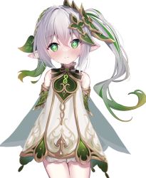 Rule 34 | bare shoulders, closed mouth, cowboy shot, cross-shaped pupils, dress, eip (pepai), genshin impact, gradient hair, green eyes, green hair, hair ornament, highres, long hair, looking at viewer, multicolored hair, nahida (genshin impact), pointy ears, side ponytail, simple background, smile, standing, symbol-shaped pupils, white background, white dress, white hair