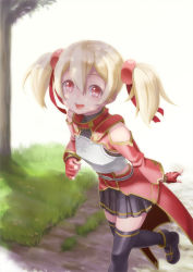 Rule 34 | 10s, 1girl, armor, bare shoulders, black thighhighs, blonde hair, blush, breastplate, detached sleeves, fingerless gloves, gloves, hair ornament, highres, looking at viewer, open mouth, red eyes, rin2008, short hair, short twintails, silica, skirt, smile, solo, sword art online, thighhighs, tree, twintails