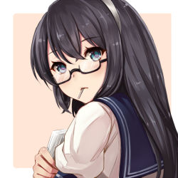Rule 34 | 10s, 1girl, black hair, blue eyes, blush, border, glasses, hairband, kantai collection, long hair, looking at viewer, looking to the side, mouth hold, ooyodo (kancolle), pink background, portrait, qunqing, school uniform, semi-rimless eyewear, serafuku, short sleeves, simple background, solo, under-rim eyewear, white border