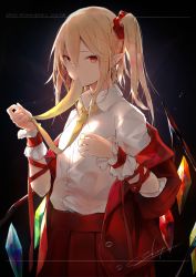 Rule 34 | 1girl, adapted costume, alternate hairstyle, arm ribbon, black background, blonde hair, blouse, buttons, collared shirt, collared shirt, cowboy shot, crystal, dated, expressionless, flandre scarlet, frilled cuffs, hair between eyes, highres, jacket, light particles, looking at viewer, mouth hold, necktie, necktie in mouth, neckwear grab, no headwear, no headwear, off shoulder, aged up, open clothes, open vest, pleated skirt, pointy ears, red eyes, red jacket, red scrunchie, red skirt, red vest, ribbon, sakusyo, scrunchie, shirt, short hair, short sleeves, side ponytail, sidelighting, sidelocks, signature, skirt, skirt set, slit pupils, solo, suit jacket, touhou, vest, white shirt, white shirt, wing collar, wings, wrist cuffs, yellow necktie