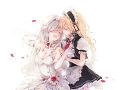 Rule 34 | 2girls, apron, bare shoulders, blonde hair, braid, breasts, bridal veil, bride, choker, cleavage, closed eyes, dress, elbow gloves, g36 (girls&#039; frontline), g36c (girls&#039; frontline), g36c (you who steps up) (girls&#039; frontline), girls&#039; frontline, gloves, hair over one eye, hat, imoko (imonatsuki), large breasts, long hair, maid apron, maid headdress, multiple girls, necktie, official alternate costume, open mouth, petals, red neckwear, rose petals, siblings, side braid, silver hair, simple background, sisters, smile, strapless, strapless dress, tears, veil, very long hair, waist apron, wedding dress, white apron, white background, white dress, white gloves, yuri