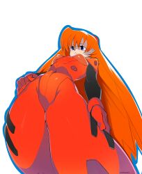 Rule 34 | 1girl, absurdres, artist request, blue eyes, bodysuit, brown hair, hand on own hip, highres, long hair, neon genesis evangelion, plugsuit, red bodysuit, simple background, solo, source request, souryuu asuka langley, standing, very long hair, white background, wide hips
