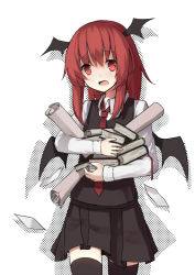 Rule 34 | 1girl, black thighhighs, book, book stack, carrying, demon girl, demon wings, head wings, highres, koakuma, long sleeves, open mouth, red eyes, red hair, scroll, sh (shinh), shirt, skirt, skirt set, solo, thighhighs, touhou, vest, wings, zettai ryouiki