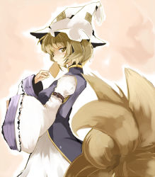 Rule 34 | 1girl, aburaage, animal hat, blonde hair, dress, expressionless, female focus, food, fox tail, frills, from side, hat, long sleeves, looking at viewer, looking to the side, mob cap, multiple tails, ofuda, mob cap, profile, short hair, sleeves past wrists, solo, tabard, tail, takaharu, tassel, touhou, white dress, wide sleeves, yakumo ran