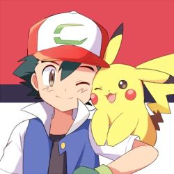Rule 34 | 1boy, :3, arm up, ash ketchum, bad id, bad pixiv id, baseball cap, black hair, black shirt, blue jacket, blush stickers, cheek-to-cheek, creatures (company), eye contact, game freak, gen 1 pokemon, gloves, green gloves, happy, hat, heads together, jacket, jpeg artifacts, looking at another, lowres, male focus, mei (maysroom), nintendo, on shoulder, one eye closed, open mouth, pikachu, pokemon, pokemon (anime), pokemon (creature), pokemon on shoulder, pokemon the movie: i choose you!, red headwear, shirt, short hair, short sleeves, smile, upper body