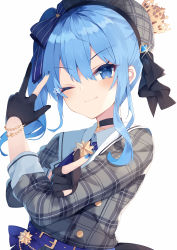 Rule 34 | 1girl, ;), beret, black choker, black gloves, blue bow, blue eyes, blue hair, blue nails, blush, bow, choker, closed mouth, collared shirt, commentary request, crown, finger gun, gloves, grey hat, grey jacket, hair between eyes, hair bow, hair ornament, hat, hololive, hoshimachi suisei, hoshimachi suisei (1st costume), jacket, long hair, mini crown, nail polish, nibiiro shizuka, one eye closed, partially fingerless gloves, plaid, plaid headwear, plaid jacket, shirt, side ponytail, sidelocks, simple background, smile, solo, star (symbol), star hair ornament, striped, striped bow, upper body, v-shaped eyebrows, virtual youtuber, w, white background, white shirt