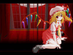 Rule 34 | 1girl, ascot, blonde hair, boots, curtains, eyebrows, female focus, flandre scarlet, hat, indoors, kii (mahoraba), letterboxed, looking at viewer, mob cap, night, one side up, puffy short sleeves, puffy sleeves, red eyes, red skirt, red vest, shade, short hair, short sleeves, sitting, skirt, skirt set, slit pupils, smile, socks, solo, touhou, vest, white socks, wings