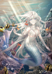 Rule 34 | 1girl, absurdres, artist name, blue eyes, bracelet, breasts, closed mouth, commentary, english commentary, fish, gem, highres, jewelry, large breasts, long hair, looking at viewer, mermaid, monster girl, necklace, original, pearl (gemstone), pearl bracelet, pearl necklace, scales, signature, solo, tail, tail ornament, thutdara, tropical fish, underwater, watermark, white hair